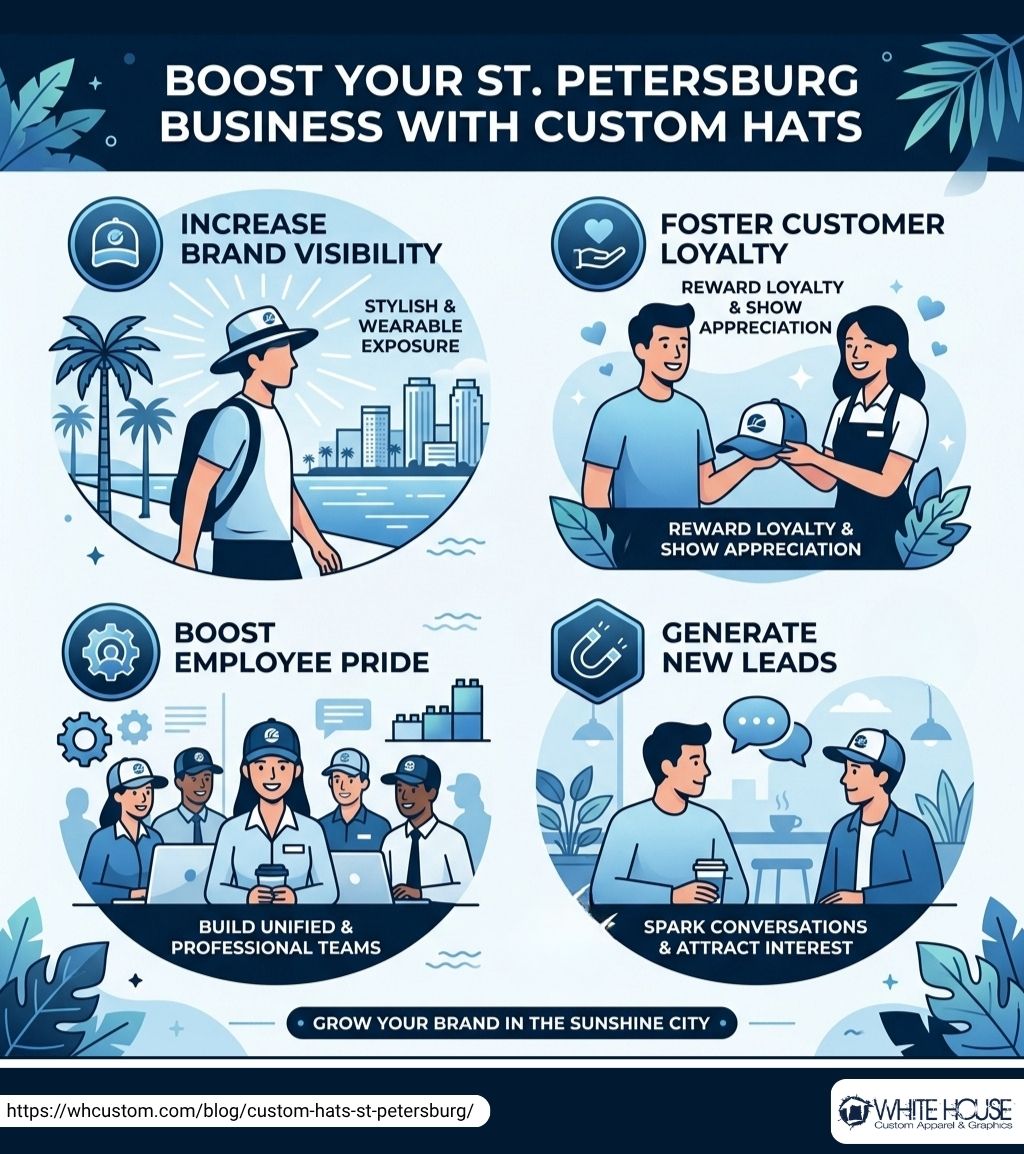 Infographic illustrating how custom hats can boost brand visibility, foster customer loyalty, enhance employee pride, and generate new leads for businesses in St. Petersburg.