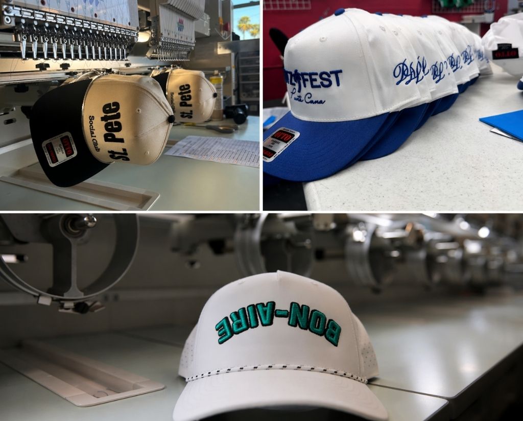 A close-up view of custom hats being embroidered at White House Custom Apparel & Graphics, showcasing different designs and styles for branding in St. Petersburg.