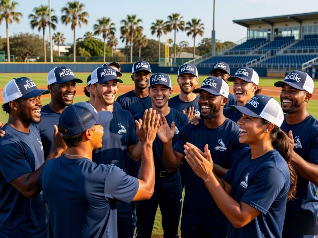 A group of athletes wearing custom hats with "Pelicans" branding, celebrating together on a baseball field in St. Petersburg.