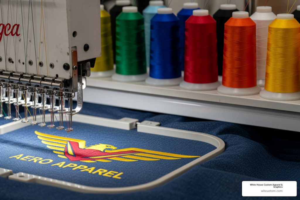 Embroidery machine stitching a logo - Quality embroidery services commercial embroidery machine custom apparel production