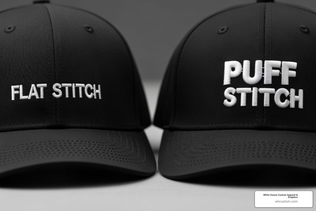 Image comparing standard and 3D puff embroidery on hats - Quality embroidery services flat stitch vs puff stitch embroidery hats